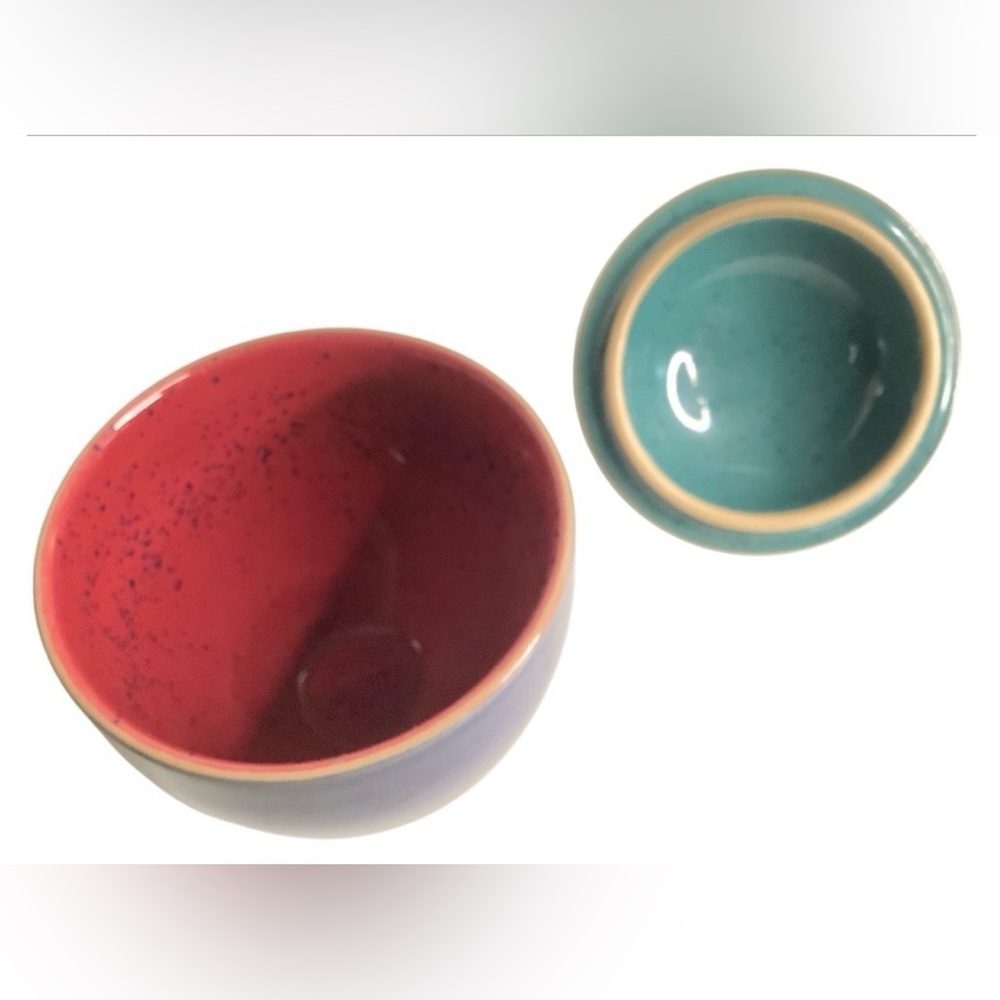 Vintage Denby England Harlequin Stoneware Sugar & Creamer Set Red Navy and Green - Picture 9 of 10